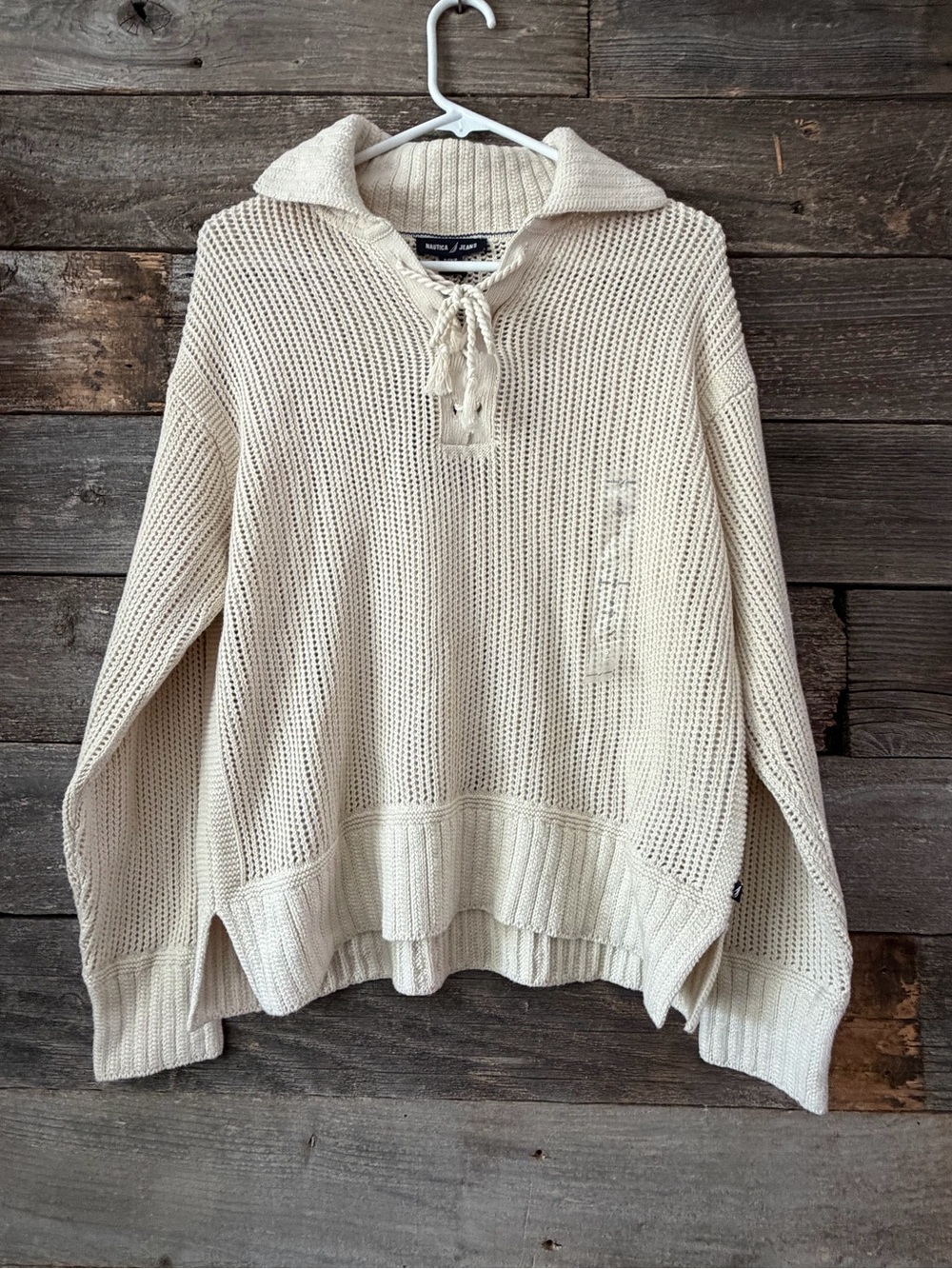 NWT Nautica “Lake Crew” Lace-Up V-Neck Knit Sweater 100% cotton size small